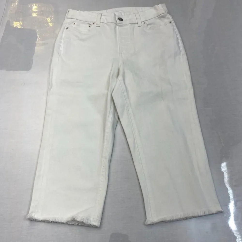 Denim & Co White High Rise Crop Jeans Raw Frayed Hem Size 4